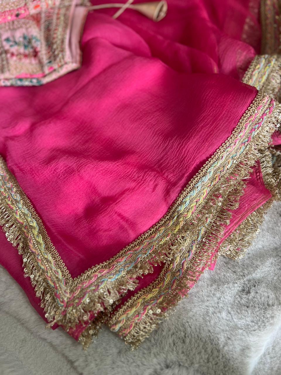 Beautiful Pure Chiffon Pink Saree Designer Border and Beautiful Designer Stitched Blouse