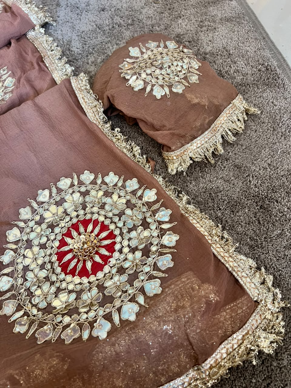 Soft Chiffon Cheeku Color Thali Designer Saree with Same Work & Fabric Blouse