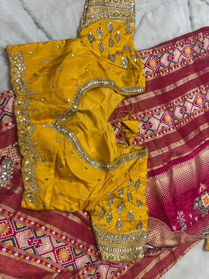 Beautiful Original Designer Patola Saree with Mirror Cut Work and Designer Stitched Mirror Work Blouse (Free Size Till 40)