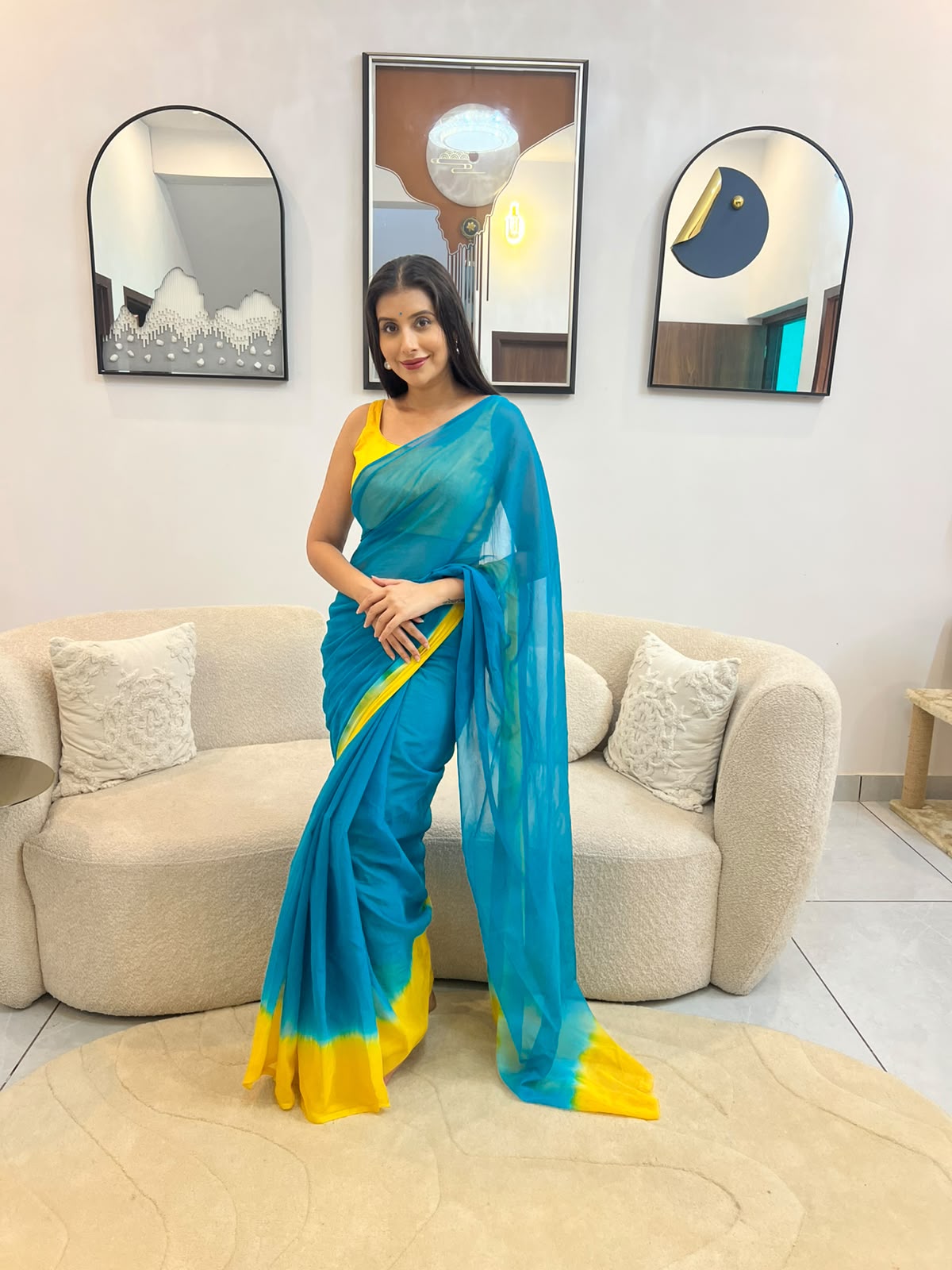Beautiful Yellow and Sea Green Chiffon Saree with Blouse Piece