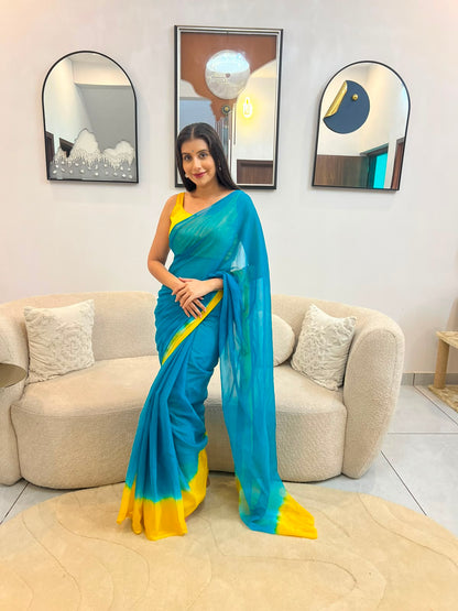 Beautiful Yellow and Sea Green Chiffon Saree with Blouse Piece