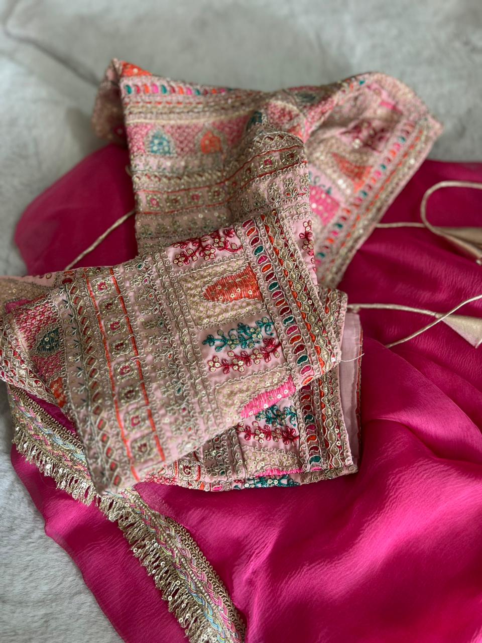 Beautiful Pure Chiffon Pink Saree Designer Border and Beautiful Designer Stitched Blouse