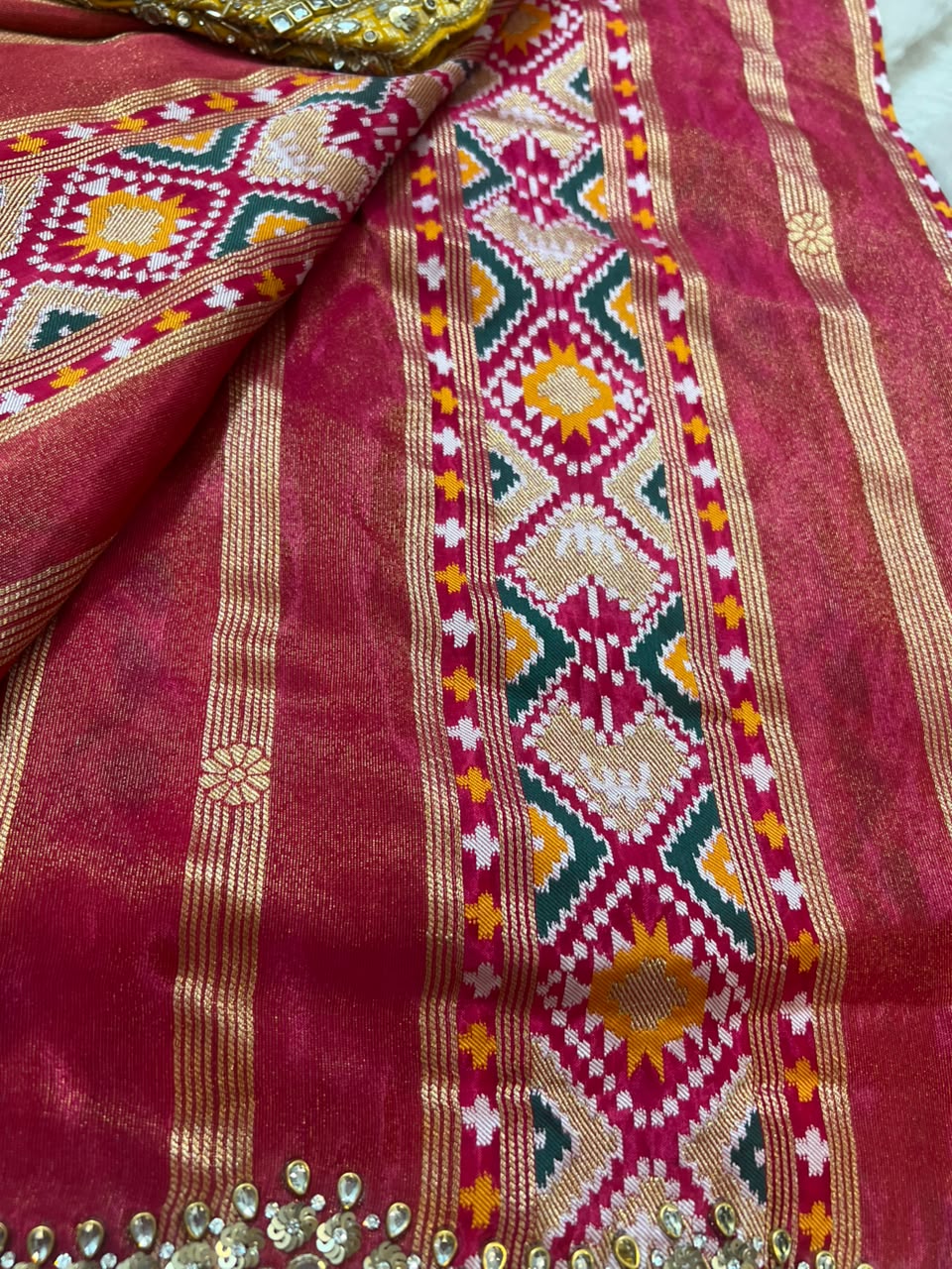 Beautiful Original Designer Patola Saree with Mirror Cut Work and Designer Stitched Mirror Work Blouse (Free Size Till 40)