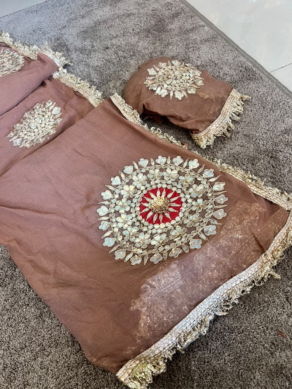 Soft Chiffon Cheeku Color Thali Designer Saree with Same Work & Fabric Blouse