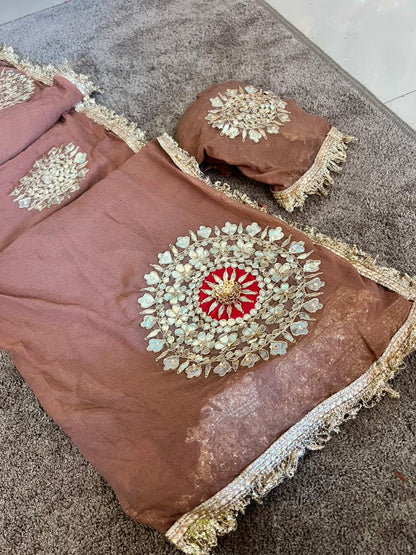 Soft Chiffon Cheeku Color Thali Designer Saree with Same Work & Fabric Blouse