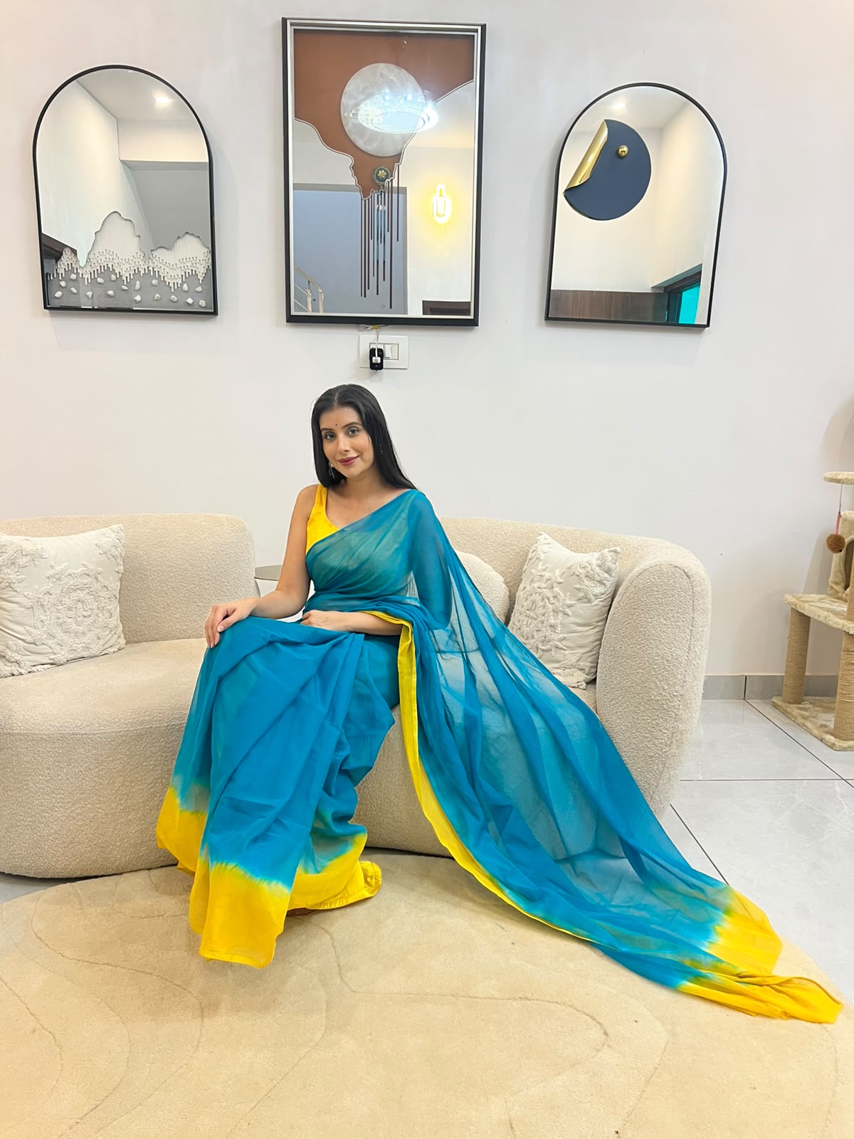 Beautiful Yellow and Sea Green Chiffon Saree with Blouse Piece
