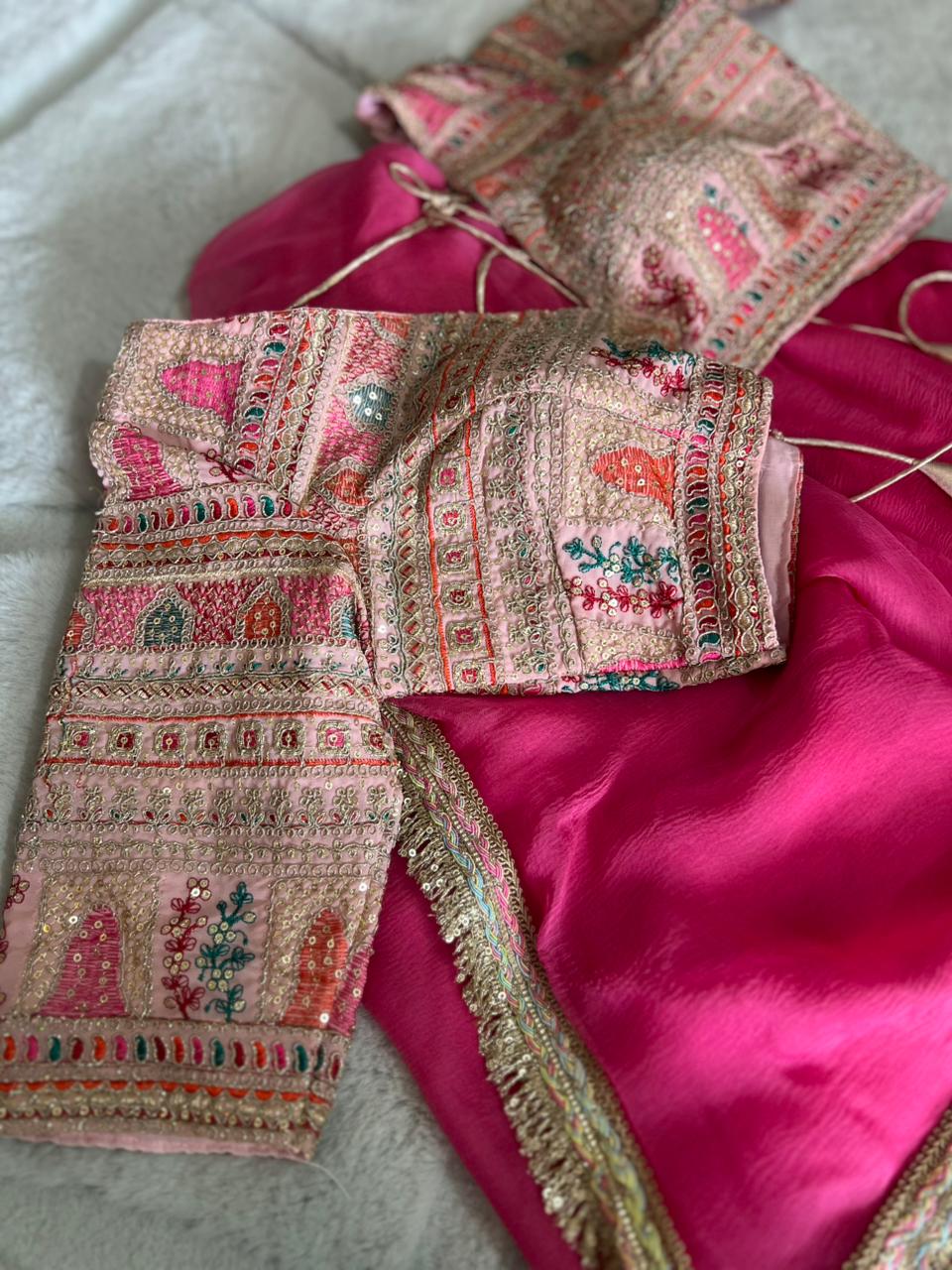 Beautiful Pure Chiffon Pink Saree Designer Border and Beautiful Designer Stitched Blouse