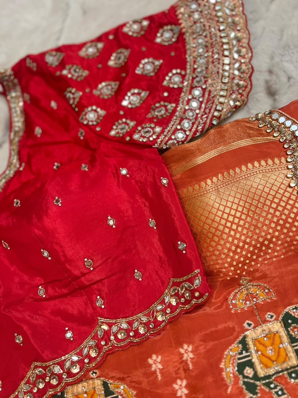 Beautiful Original Designer Patola Saree with Mirror Cut Work and Designer Stitched Mirror Work Blouse (Free Size Till 40)
