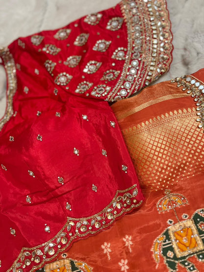 Beautiful Original Designer Patola Saree with Mirror Cut Work and Designer Stitched Mirror Work Blouse (Free Size Till 40)