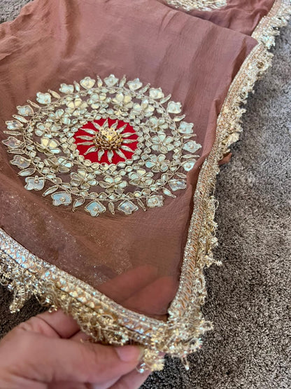 Soft Chiffon Cheeku Color Thali Designer Saree with Same Work & Fabric Blouse