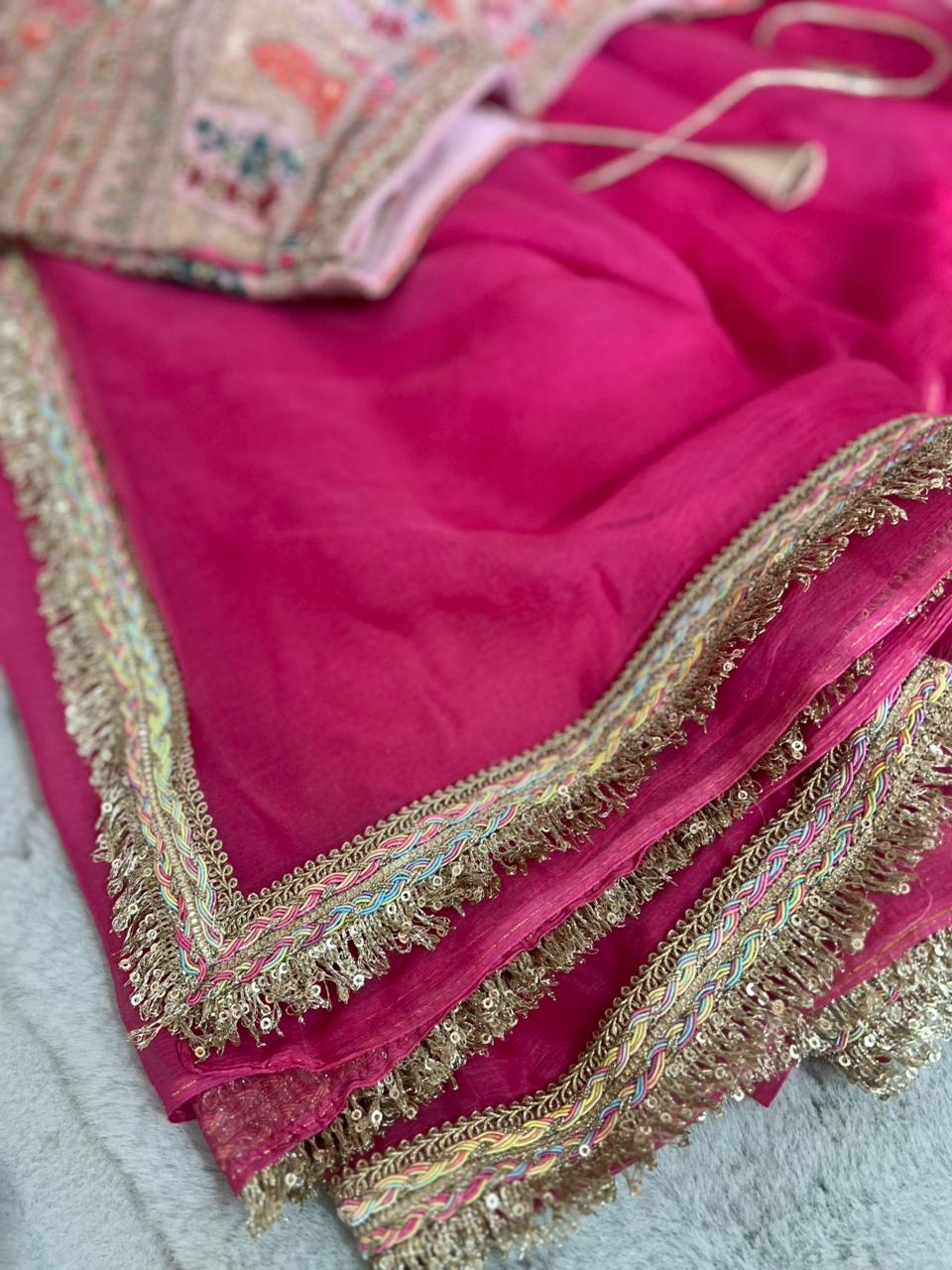 Beautiful Pure Chiffon Pink Saree Designer Border and Beautiful Designer Stitched Blouse