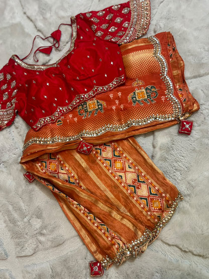 Beautiful Original Designer Patola Saree with Mirror Cut Work and Designer Stitched Mirror Work Blouse (Free Size Till 40)