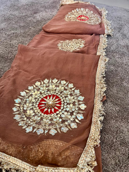 Soft Chiffon Cheeku Color Thali Designer Saree with Same Work & Fabric Blouse