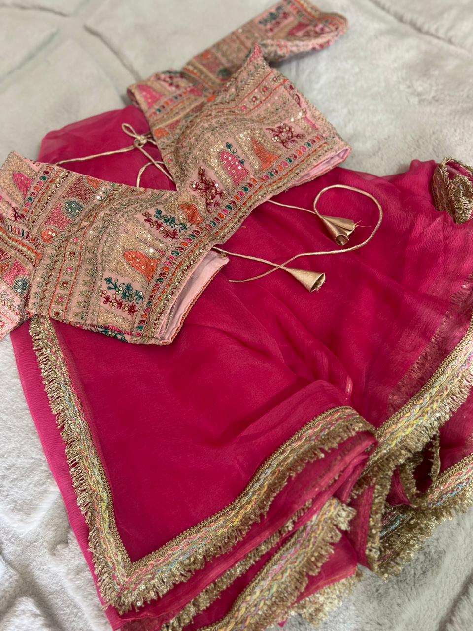 Beautiful Pure Chiffon Pink Saree Designer Border and Beautiful Designer Stitched Blouse