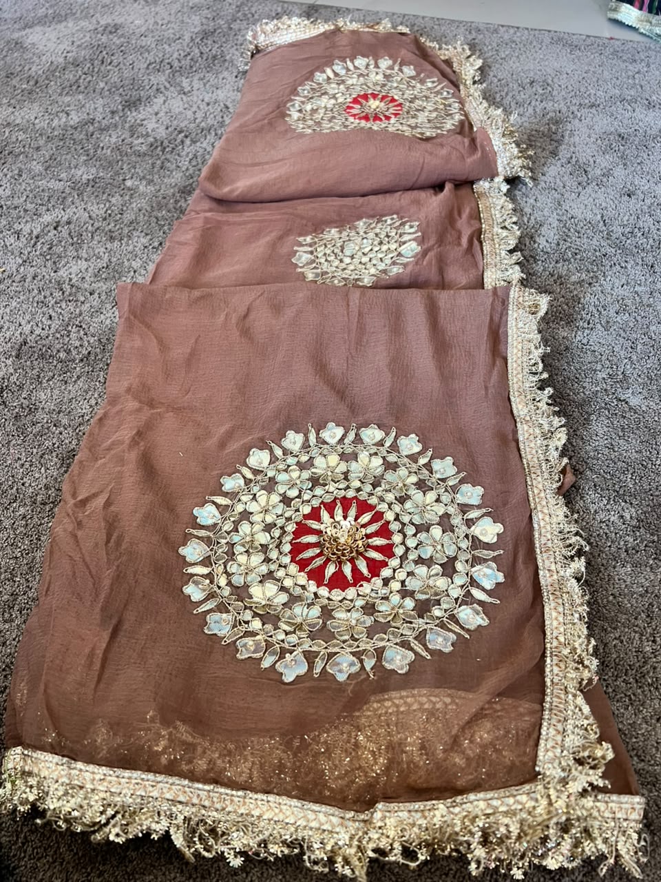 Soft Chiffon Cheeku Color Thali Designer Saree with Same Work & Fabric Blouse
