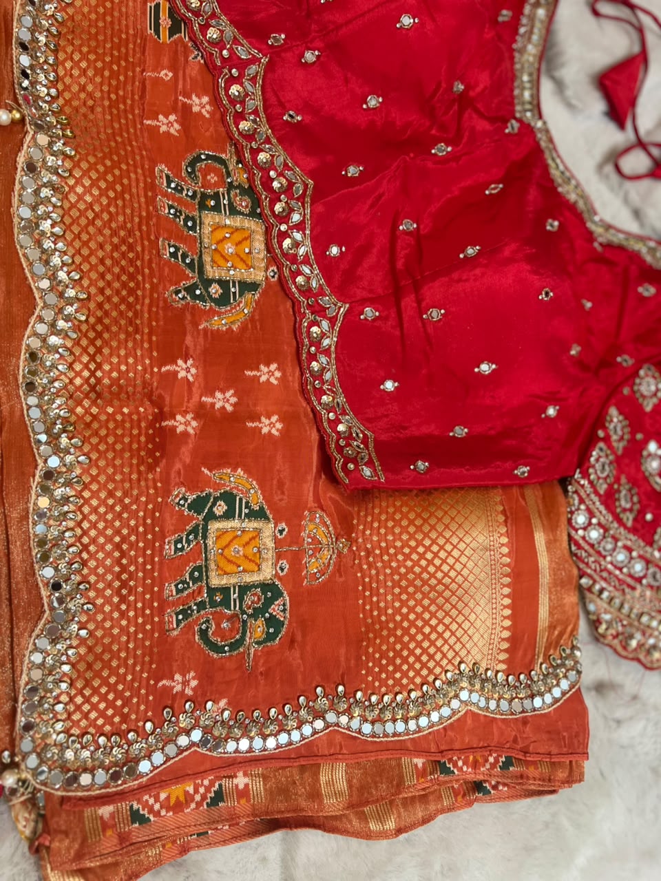 Beautiful Original Designer Patola Saree with Mirror Cut Work and Designer Stitched Mirror Work Blouse (Free Size Till 40)