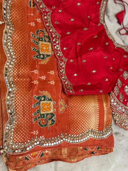 Beautiful Original Designer Patola Saree with Mirror Cut Work and Designer Stitched Mirror Work Blouse (Free Size Till 40)