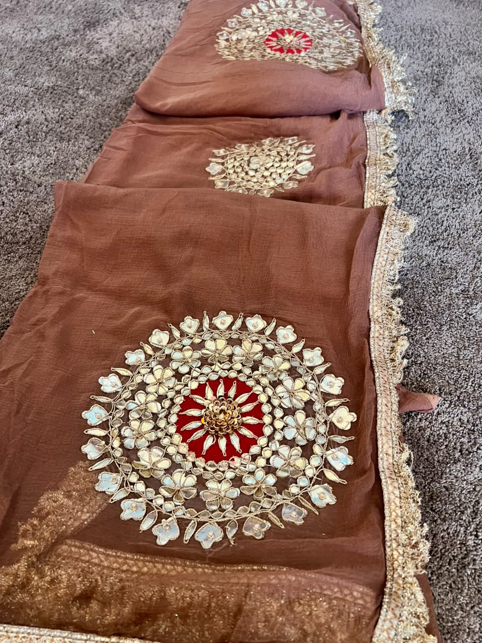Soft Chiffon Cheeku Color Thali Designer Saree with Same Work & Fabric Blouse