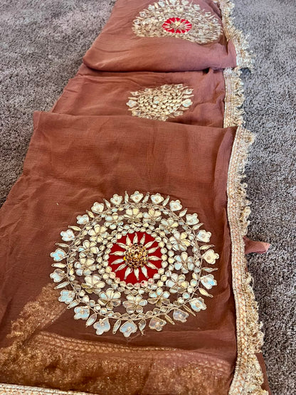Soft Chiffon Cheeku Color Thali Designer Saree with Same Work & Fabric Blouse
