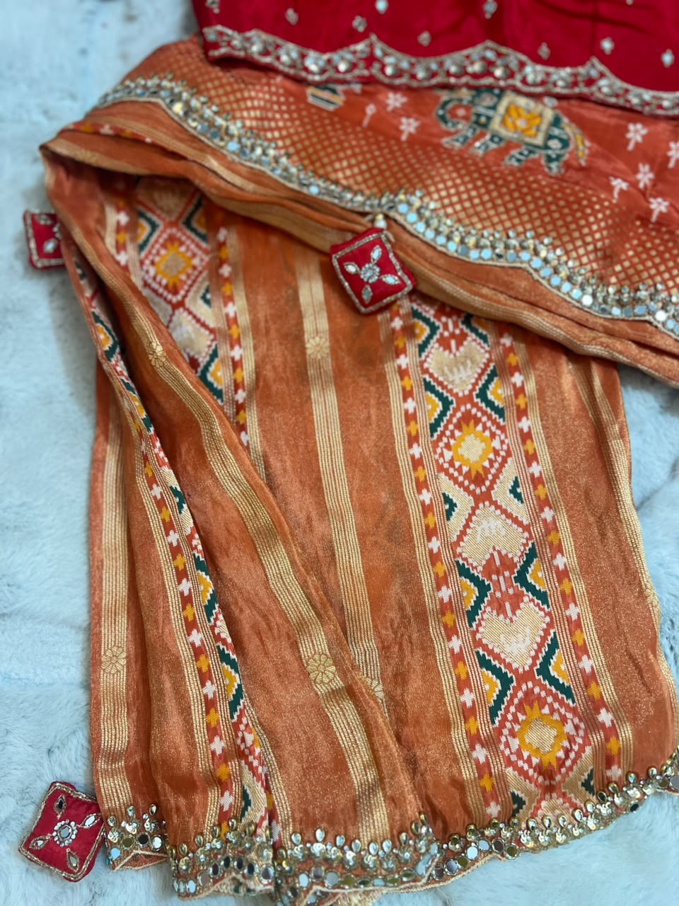 Beautiful Original Designer Patola Saree with Mirror Cut Work and Designer Stitched Mirror Work Blouse (Free Size Till 40)
