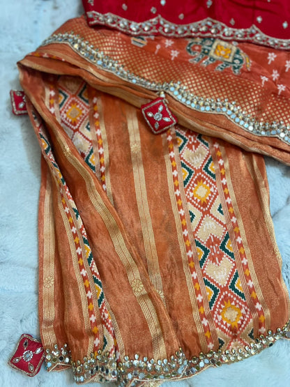 Beautiful Original Designer Patola Saree with Mirror Cut Work and Designer Stitched Mirror Work Blouse (Free Size Till 40)