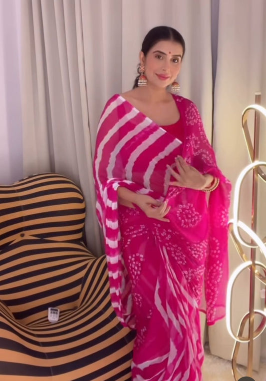 Pink Chiffon Bandhini-Lahariya Saree