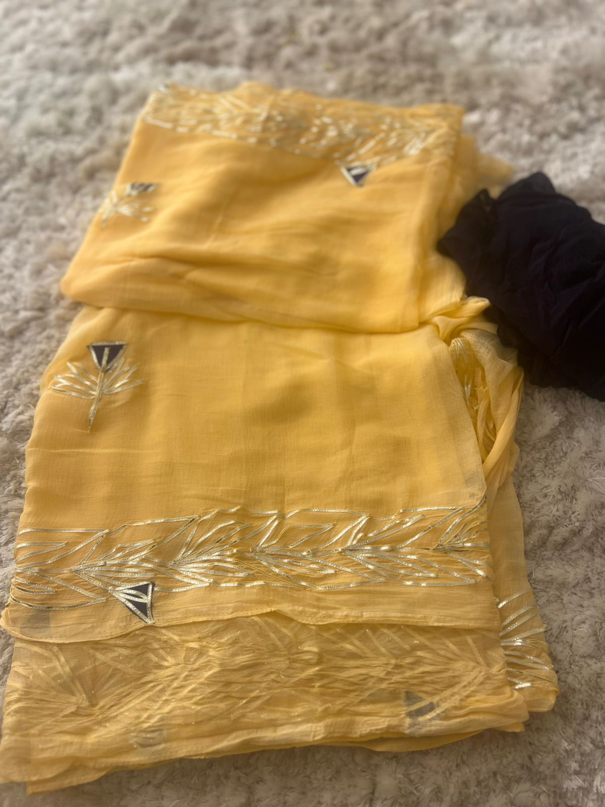 Peach Beige Gota Work Chiffon Saree with Bottle Green Blouse Piece