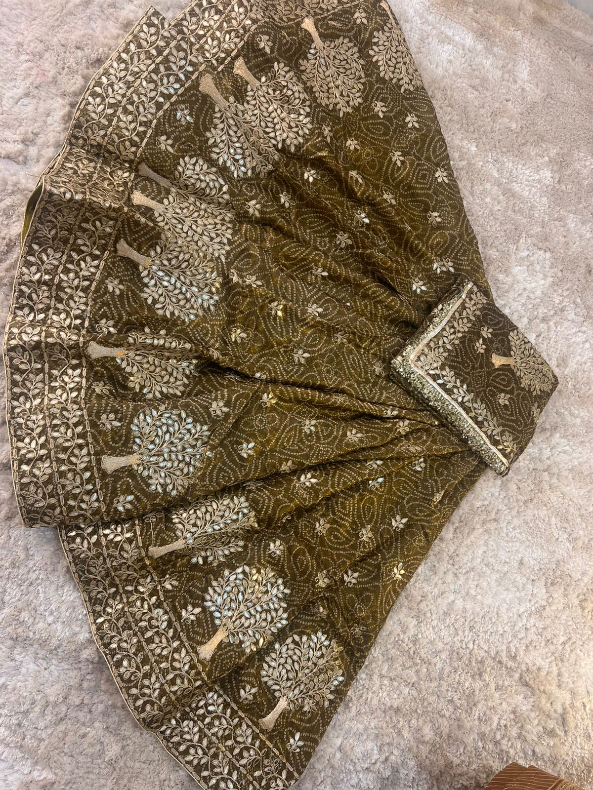 Bandhini with Gota Patti Work Full Ghera Mehendi Green Poshak (Unstitched)