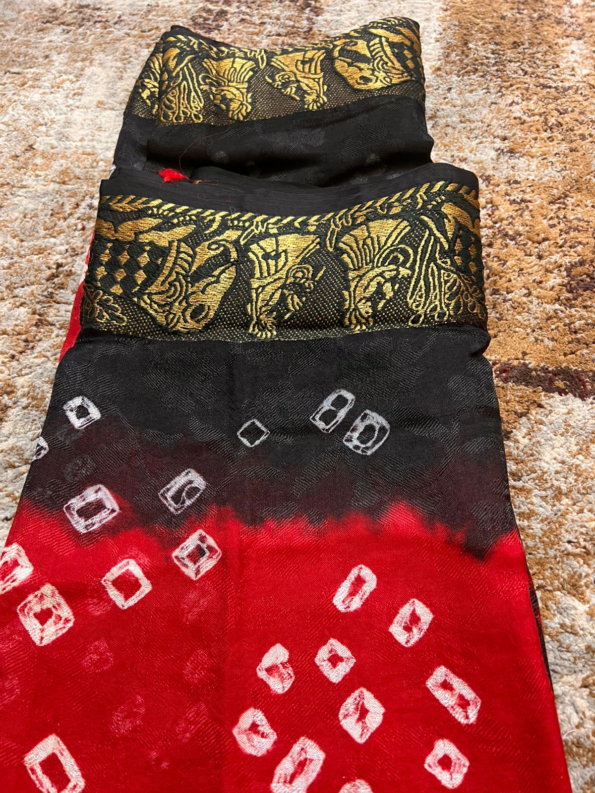 Soft Cotton Bandhini Saree Red and Black with Barat Zari Border and Running Blouse