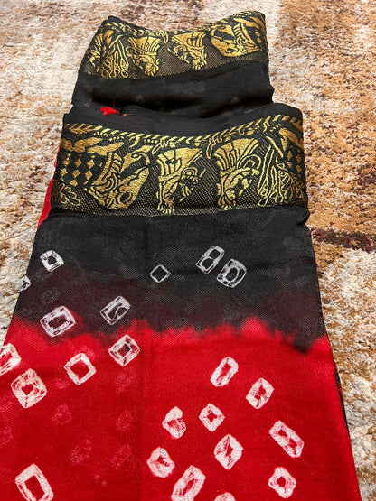 Soft Cotton Bandhini Saree Red and Black with Barat Zari Border and Running Blouse