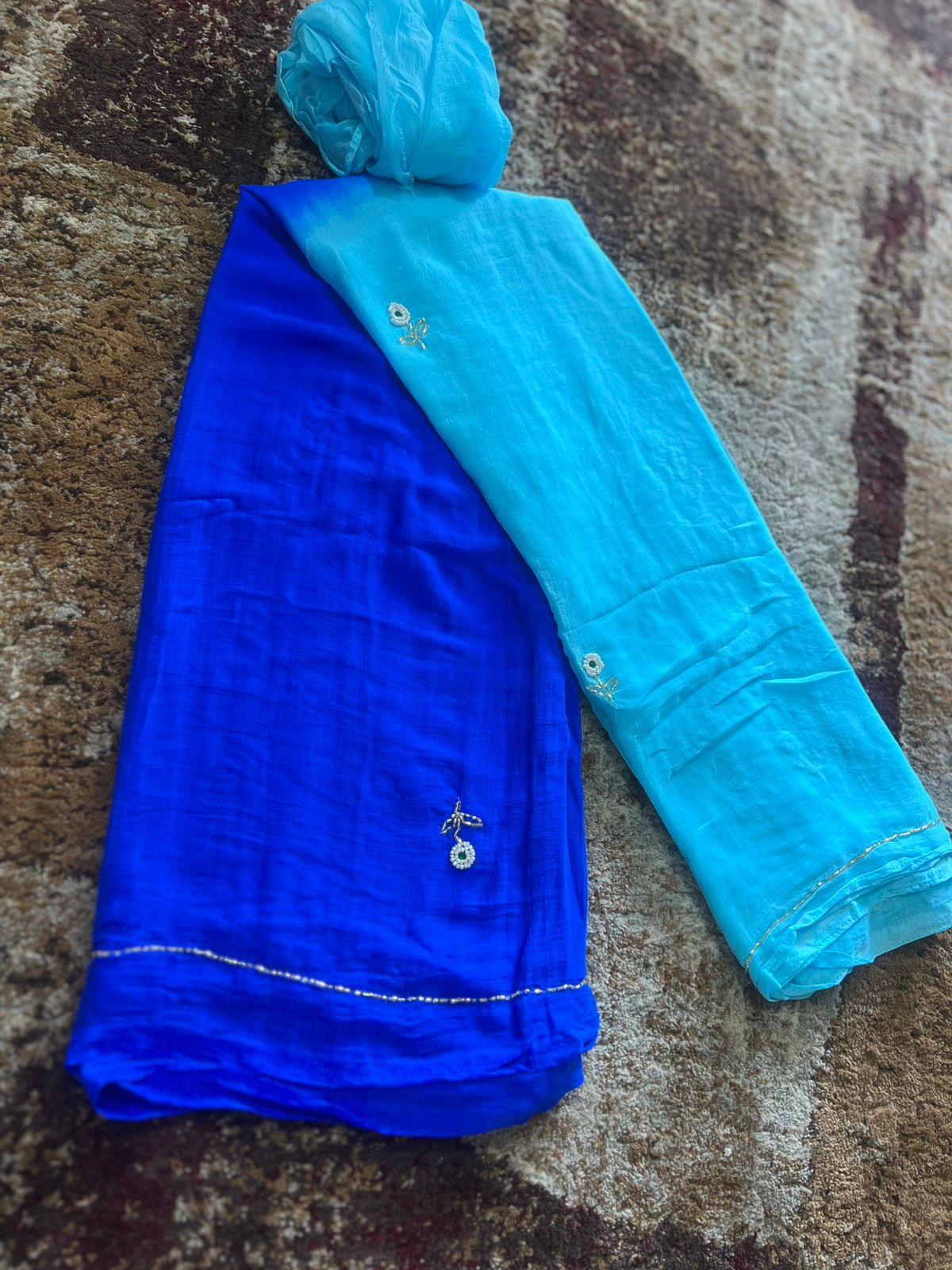 Blue Shaded Chiffon Saree with Flower Booti Work