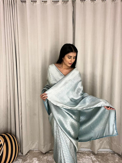 Silver and Pastel Blue Pure Giraffe Silk Saree