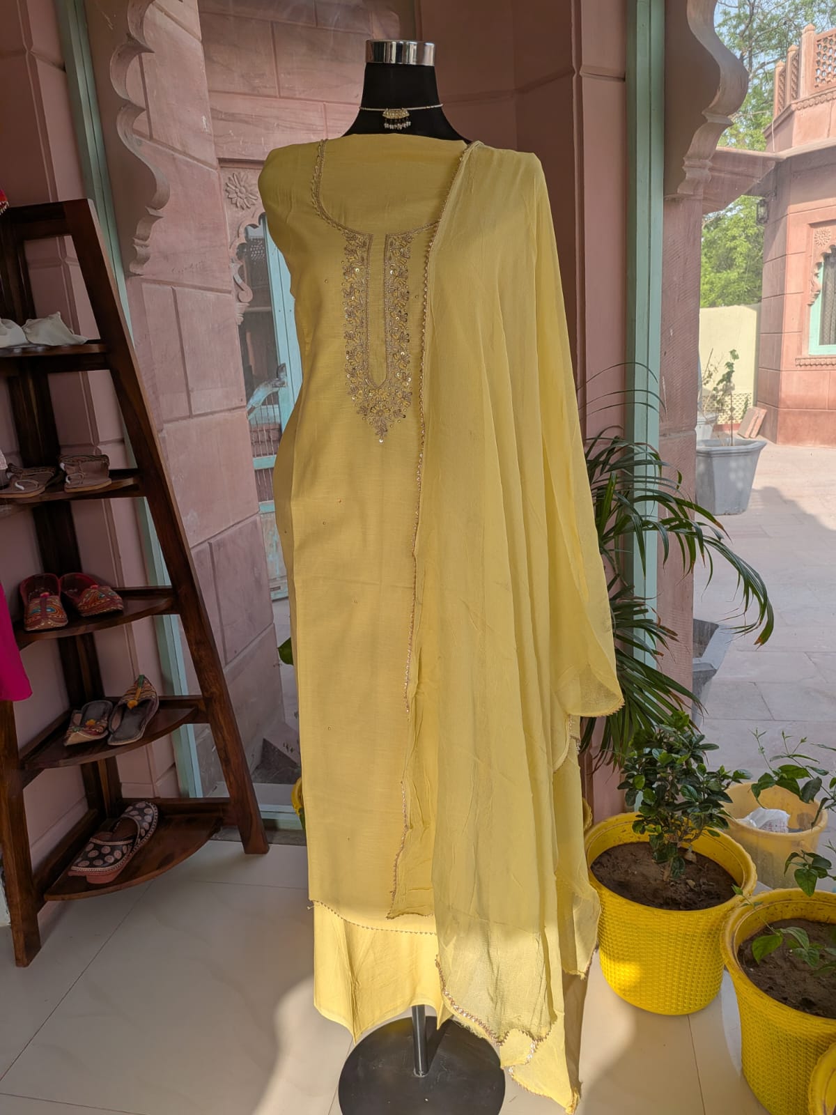 Yellow Color Cotton Suit with Worked Neckline and Chiffon Dupatta (Unstitched)