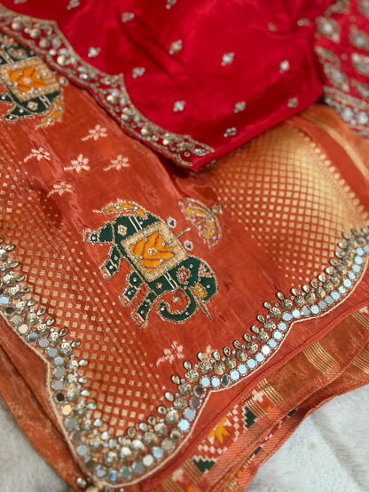 Beautiful Original Designer Patola Saree with Mirror Cut Work and Designer Stitched Mirror Work Blouse (Free Size Till 40)