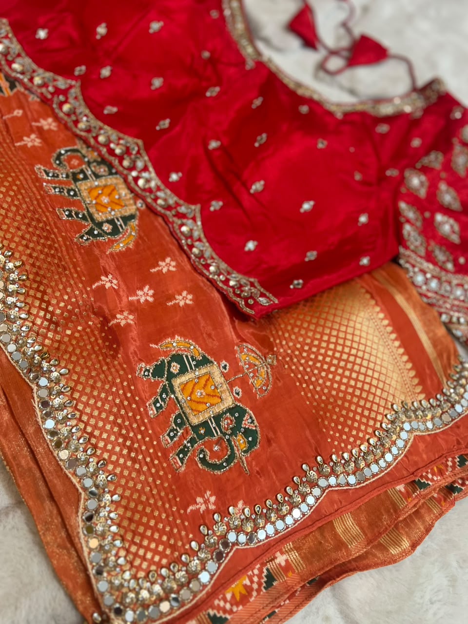 Beautiful Original Designer Patola Saree with Mirror Cut Work and Designer Stitched Mirror Work Blouse (Free Size Till 40)
