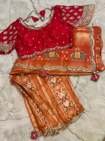 Beautiful Original Designer Patola Saree with Mirror Cut Work and Designer Stitched Mirror Work Blouse (Free Size Till 40)