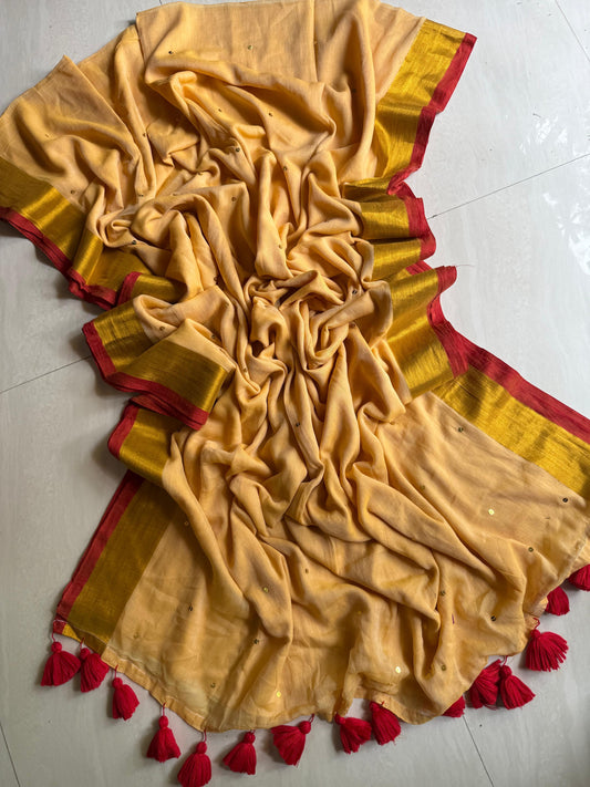 Beautiful Golden Malmal Designer Saree with Blouse Piece