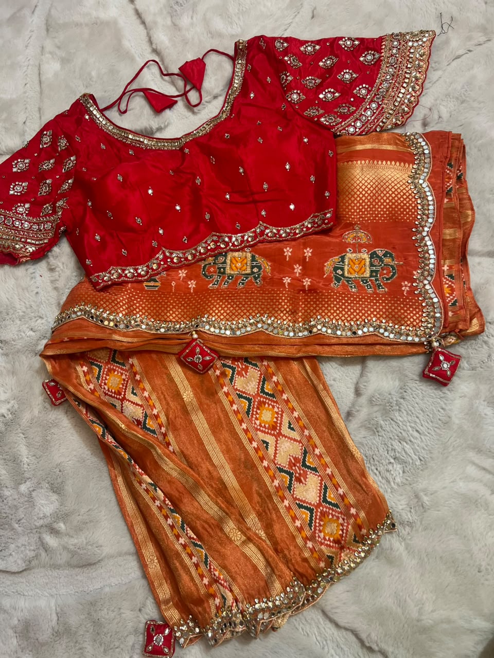 Beautiful Original Designer Patola Saree with Mirror Cut Work and Designer Stitched Mirror Work Blouse (Free Size Till 40)