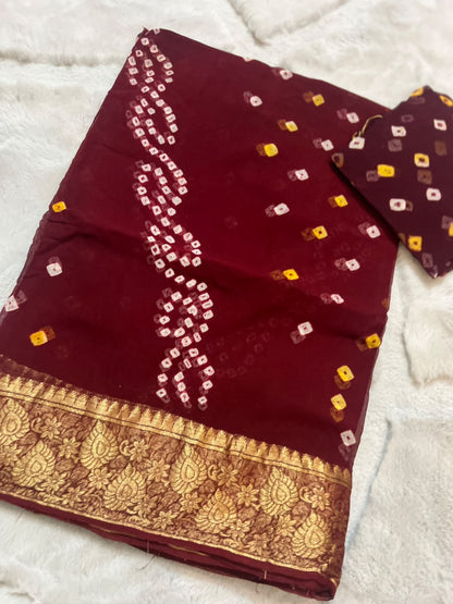 Pure Georgette Maroon Bandhini Saree with lovely Zari Border and Same Fabric Blouse Piece
