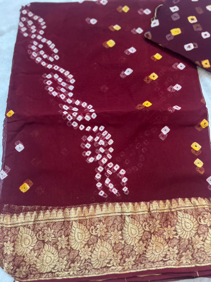 Pure Georgette Maroon Bandhini Saree with lovely Zari Border and Same Fabric Blouse Piece