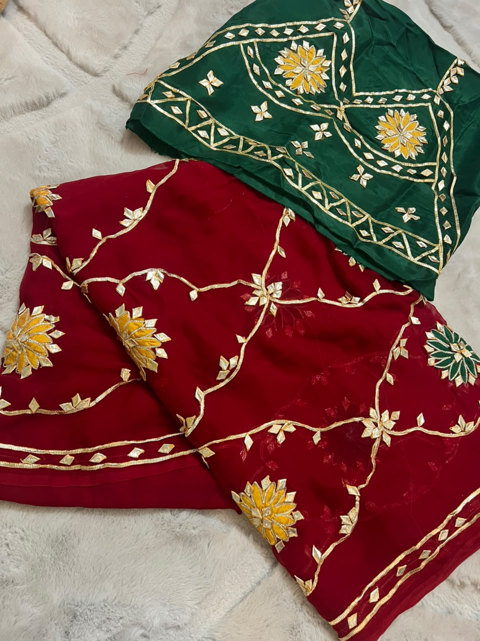Beautiful Pure Chiffon Gota Zaal Red Saree with Designer Blouse Piece