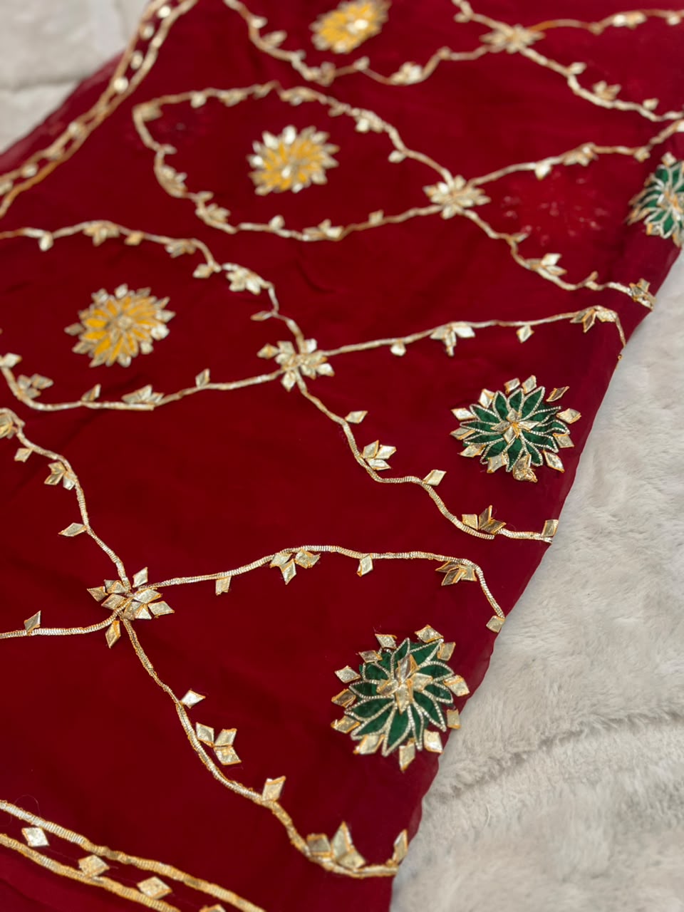 Beautiful Pure Chiffon Gota Zaal Red Saree with Designer Blouse Piece