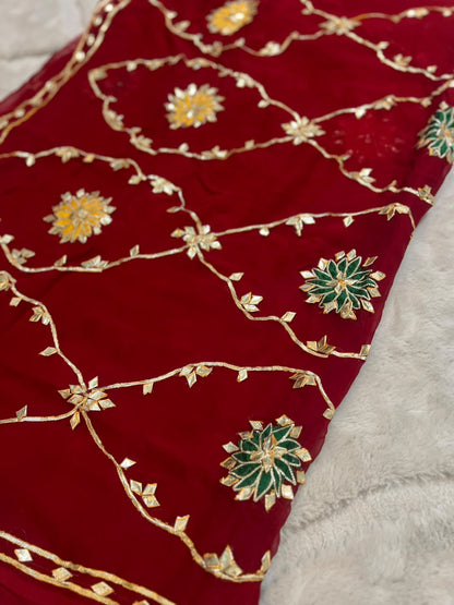 Beautiful Pure Chiffon Gota Zaal Red Saree with Designer Blouse Piece