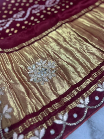 Pure Gajji Modal Silk Saree with Hand Bandhini and Hand Gota Work Saree with Same Fabric & Work Blouse Piece