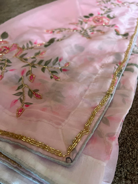 Beautiful Baby Pink Color Pearl Work Organza Saree with Blouse Piece