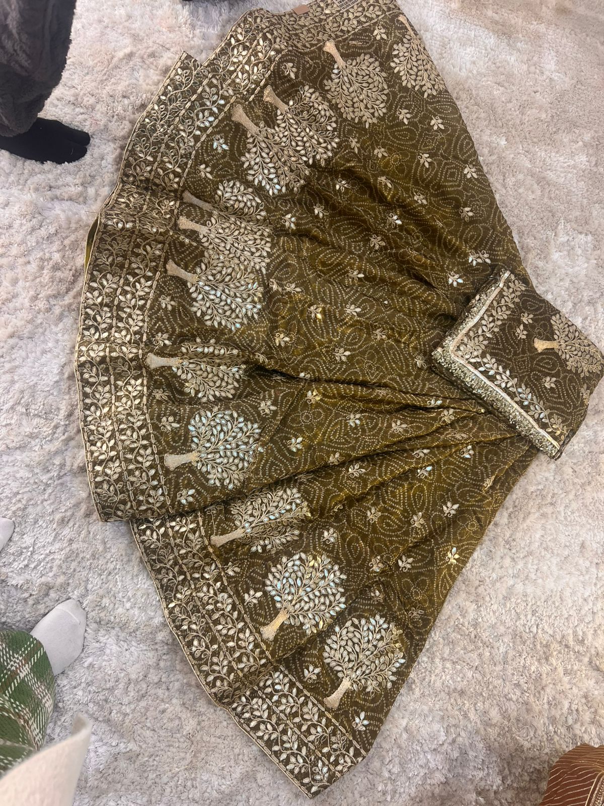 Bandhini with Gota Patti Work Full Ghera Mehendi Green Poshak (Unstitched)