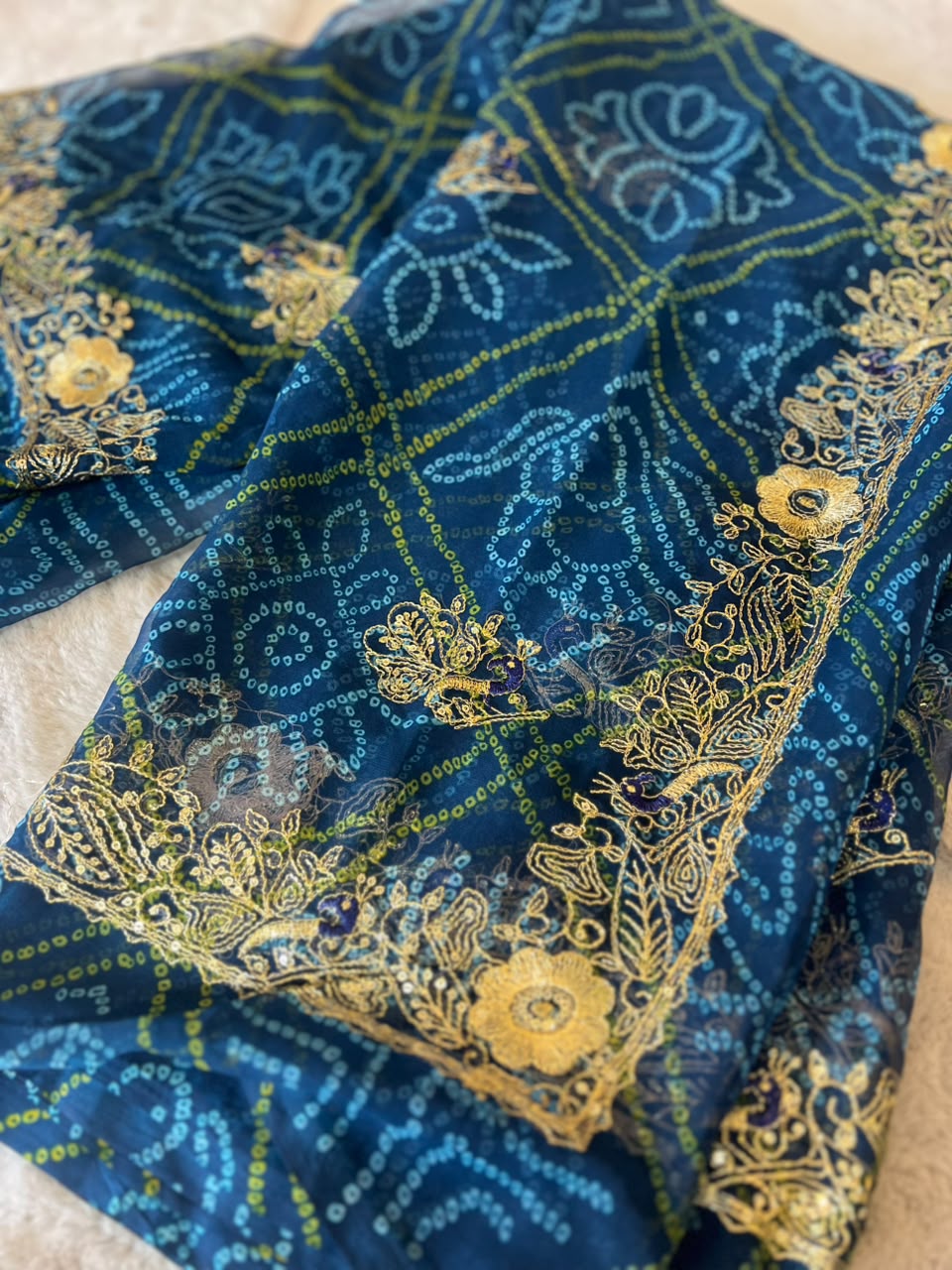 Beautiful Soft Chiffon Bandhini Saree with Lovely Kasida Work