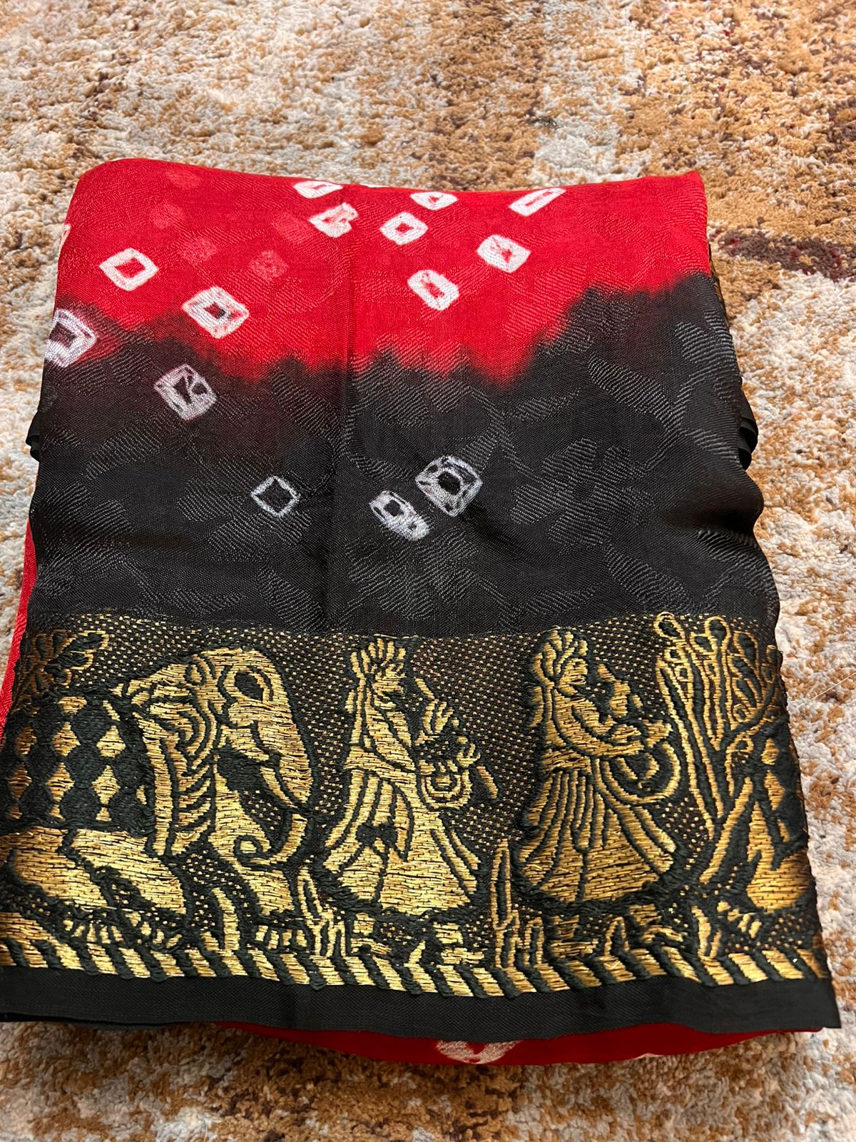 Soft Cotton Bandhini Saree Red and Black with Barat Zari Border and Running Blouse