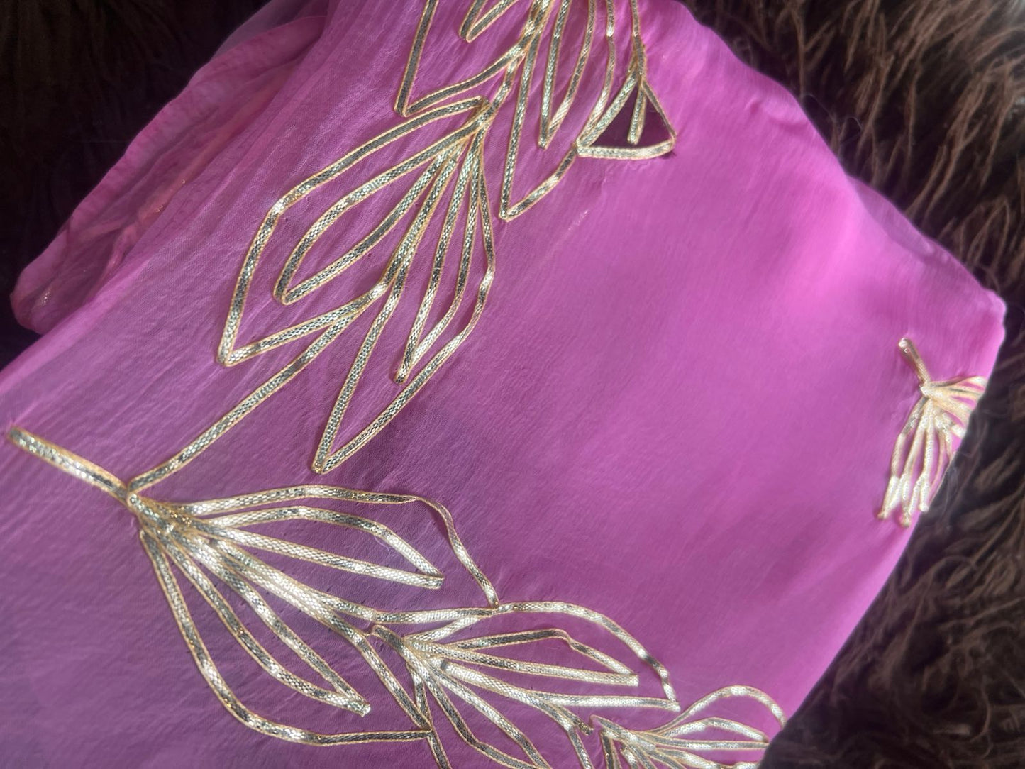 Pink Gota Work Chiffon Saree with Purple Blouse Piece