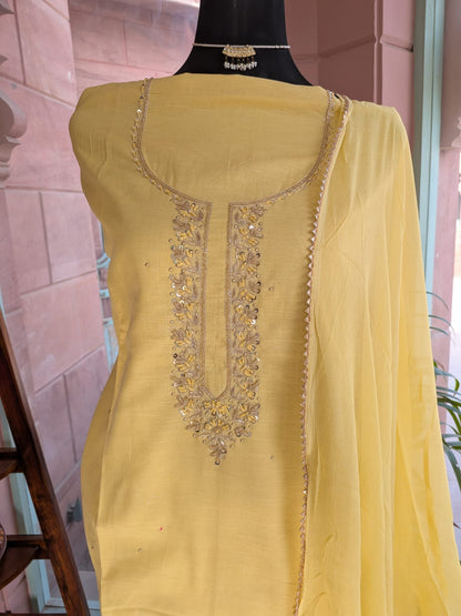 Yellow Color Cotton Suit with Worked Neckline and Chiffon Dupatta (Unstitched)